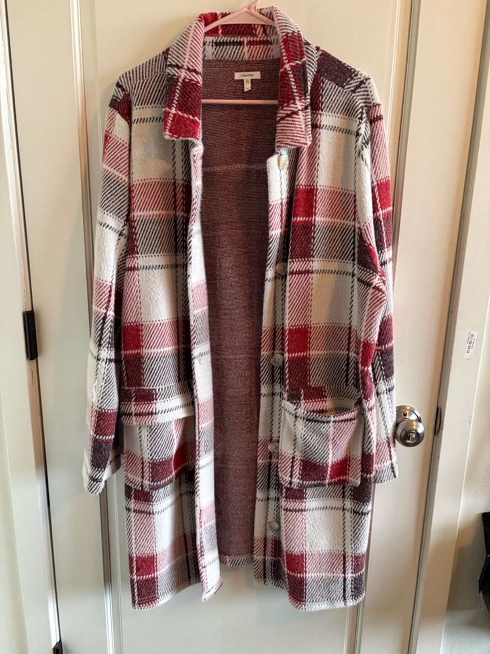 Maurice’s Plaid Button-Front Long Coatigan in Red and White